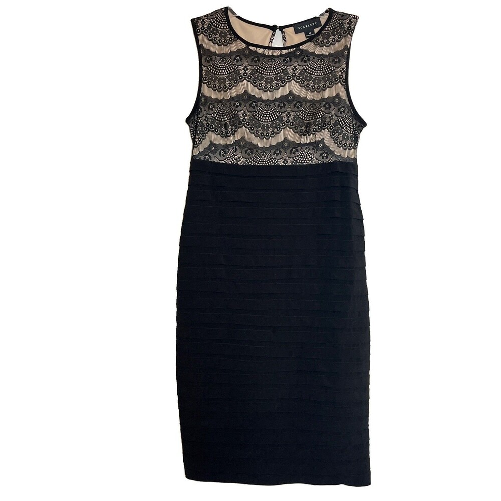 Scarlett Cocktail Dress Womens 10 Black Nude Lace Tiered Stretch Sheath Keyhole